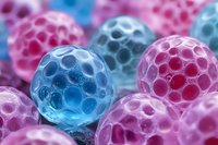 Macro view of colorful molecular spheres with honeycomb texture in pink and blue tones, scientific concept showing cellular or viral structures in biology.