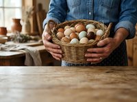 Farmer in denim shirt holding wicker basket filled with fresh brown and white eggs on wooden table in rustic farm setting.