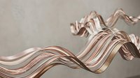 Flowing metallic ribbons in rose gold and copper tones create elegant waves against neutral background for luxury design projects and modern decor.