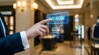 Businessman hand touching holographic buy now button with shopping cart icon in luxury retail store interior for e-commerce and online shopping concept.