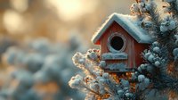 Rustic wooden birdhouse covered in fresh snow nestled among frost-covered pine branches at sunrise, creating magical winter garden atmosphere with soft bokeh background.