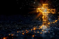 Glowing digital cross made of light particles and binary code on dark background, symbolizing intersection of faith and technology in modern world.