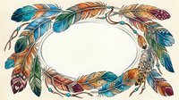 Decorative oval frame made of colorful feathers in bohemian style with ethnic patterns and ornamental details on isolated white background for design.