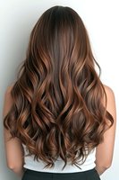 Back view of woman with long wavy brunette hair featuring caramel balayage highlights against white background, showcasing modern salon styling.