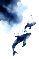 Watercolor whales swimming upward through misty blue waters with floating bubbles, artistic marine life illustration in monochromatic indigo tones.