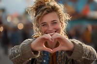 Young woman with curly blonde hair making heart shape with hands, smiling joyfully at outdoor festival with blurred lights in background.
