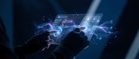 Futuristic holographic interface with glowing digital screens and data visualization emerging from hands in dark technological environment.