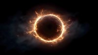Solar eclipse with glowing fiery corona ring against dark sky, dramatic cosmic phenomenon with burning plasma flares and ethereal smoke effects.