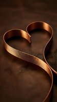 Golden satin ribbon curved into heart shape on dark brown textured surface for romantic occasions, weddings, anniversaries and Valentine's Day celebrations.