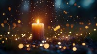 Glowing candle flame with magical bokeh lights and sparkles on dark background creates mystical atmospheric mood for spiritual practices and meditation.