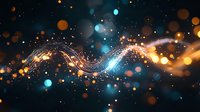 Magical glowing wave with orange and blue bokeh lights on dark background, sparkling particles flowing in dynamic motion. For festive designs.