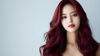 Young Asian woman with vibrant burgundy red wavy hair and natural makeup against light background, showcasing modern hair coloring and styling trends.
