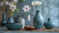 Zen spa composition with white cherry blossom branch in vase, turquoise ceramic vessels and aromatic candle on bamboo mat, perfect for wellness and meditation design.