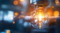 Glowing light bulb with warm orange illumination against blurred bokeh background creates atmospheric mood lighting effect for creative design projects.