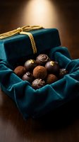 Luxury chocolate truffles in teal velvet gift box with golden rope, perfect for holiday gifting, confectionery marketing, and gourmet food advertising.