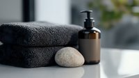 Minimalist spa composition with dark towels, amber glass dispenser bottle and zen stone on white surface against blurred background. For wellness design.