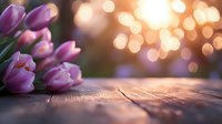 Pink tulips on rustic wooden surface with magical bokeh lights in warm sunset creating romantic spring atmosphere. Soft focus floral composition.