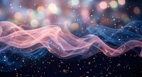 Abstract flowing waves in pink and blue gradient with sparkling bokeh lights and stars creating dreamy cosmic atmosphere for digital backgrounds.