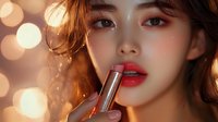 Young Asian woman applying bright red lipstick against blurred golden bokeh lights background, showcasing glamorous evening makeup and beauty cosmetics application.