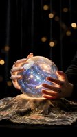 Hands holding glowing crystal ball with galaxy spiral inside on ornate cloth with bokeh lights background for fortune telling and mystical concepts.