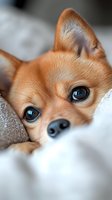 Close-up portrait of adorable Pomeranian puppy with big expressive eyes lying on soft blanket, showing sweet innocent look. Perfect for pet care advertising.
