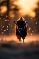 Majestic bison silhouetted against golden sunset sky with bokeh light effects, walking through misty grassland creating dramatic wildlife atmosphere.