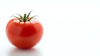 Fresh red tomato with green stem isolated on white background for healthy cooking and organic food concepts.