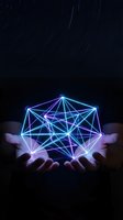 Hands holding glowing neon geometric wireframe network structure with cyan and purple light connections against dark background for technology and innovation concepts.