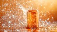 Refreshing aluminum can with splashing water and dynamic motion effect against orange background, droplets and spray creating energetic composition.
