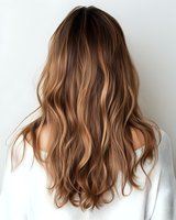 Back view of long wavy brown hair with caramel balayage highlights on woman wearing white sweater against light background, modern hairstyle trend.