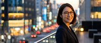 Professional Asian businesswoman smiling confidently in modern city at night with illuminated skyscrapers and urban lights creating bokeh background.