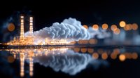 Industrial power plant with illuminated cooling towers reflecting in water at night, steam rising against dark sky with bokeh light effects in foreground.