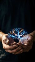 Male hands holding glowing neural network tree with blue and gold branches against dark background. Concept for innovation, technology, knowledge, artificial intelligence, and business growth.