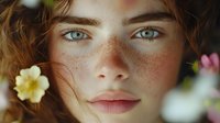Close-up portrait of young woman with freckles, green eyes, and curly hair surrounded by delicate spring flowers, creating a natural beauty aesthetic.