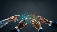 Two business professionals connecting glowing digital network nodes, symbolizing collaboration, data exchange, and global technology partnership.