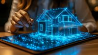 Woman architect designing smart home hologram on digital tablet with futuristic blue wireframe technology for real estate and construction planning.