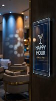 Modern happy hour sign with cocktail glass icon displayed on restaurant wall in upscale bar interior with blurred dining area background for hospitality marketing.