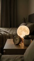 Cozy bedroom nightstand with glowing moon lamp, alarm clock and succulent plant creating warm ambient lighting for relaxation and sleep.