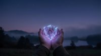 Hands holding glowing geometric crystal structure against purple twilight sky over mountain landscape for spiritual and technology concepts.