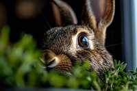 Close-up portrait of wild brown rabbit with bright blue eye peeking through green foliage. Dramatic lighting highlights facial features and fur texture.