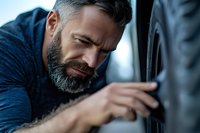 Mature bearded mechanic in blue sweater carefully inspecting car tire tread wear and condition during routine vehicle maintenance service check.