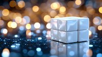 White puzzle cube on reflective dark surface with golden bokeh lights in background creating magical festive atmosphere and modern minimalist composition.