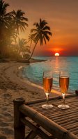 Romantic tropical sunset with champagne glasses on wooden deck overlooking pristine beach with palm trees and golden ocean horizon for luxury vacation.