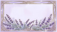 Lavender flowers arranged in clusters with green stems on light background, framed by ornate gold decorative border with scrollwork corners, suitable for invitations, stationery, and floral design projects.