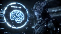 Futuristic robotic figure observing glowing digital brain hologram in dark space, representing artificial intelligence and machine learning advancement.