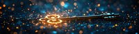 Glowing golden key on dark background with magical sparkles and bokeh lights creating mystical atmosphere. Blue and orange color scheme adds depth.