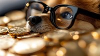 Adorable brown dog wearing black-rimmed glasses lying among golden bitcoin cryptocurrency coins with soft bokeh background and warm lighting.
