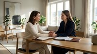 Two professional businesswomen having meeting at modern office desk discussing documents and paperwork in bright contemporary workspace with plants.