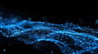 Abstract digital wave of glowing blue particles and connected lines on dark background, perfect for technology, network, and innovation concepts in web design.