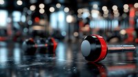 Red and black dumbbell on dark floor with blurred gym equipment and bokeh lights in background, dramatic sports and fitness atmosphere.